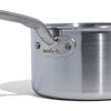 A close up of a Made In Stainless Clad Saucepan in front of a white background.