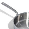 A close up of a Made In Stainless Clad Saute Pan with Lid in front of a white background.
