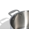 A close up of a Made In Stainless Clad Stock Pot in front of a white background.