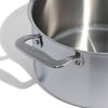 A close up of a Made In Stainless Clad Stock Pot in front of a white background.