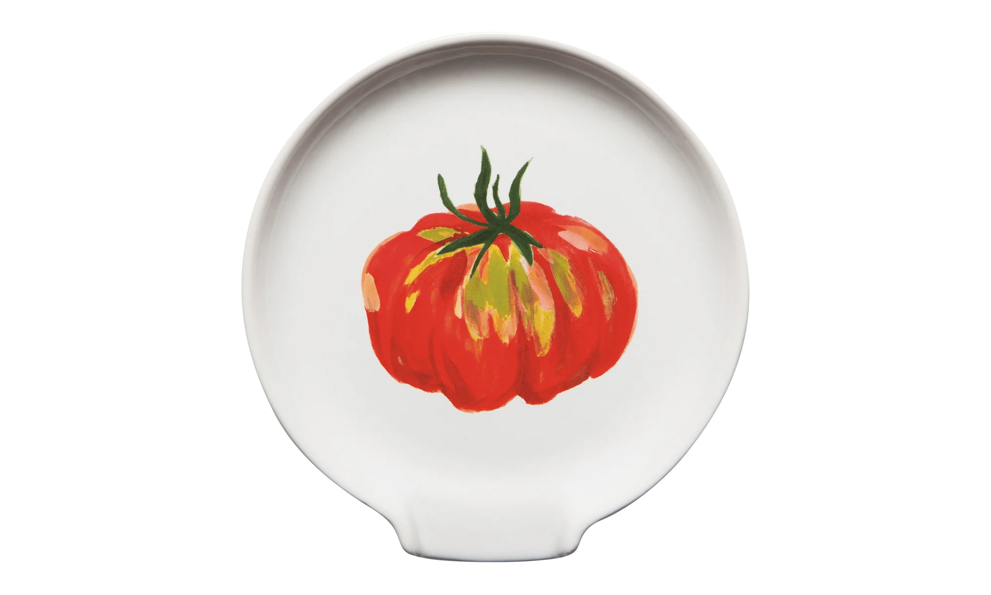 A white ceramic spoon rest featuring a painted illustration of a red tomato with green and yellow accents in the center, set against a plain white background.
