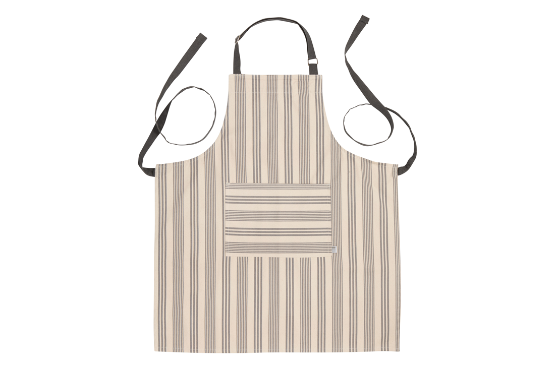 A Now Designs Pencil Stripe Grey Apron over a white background.