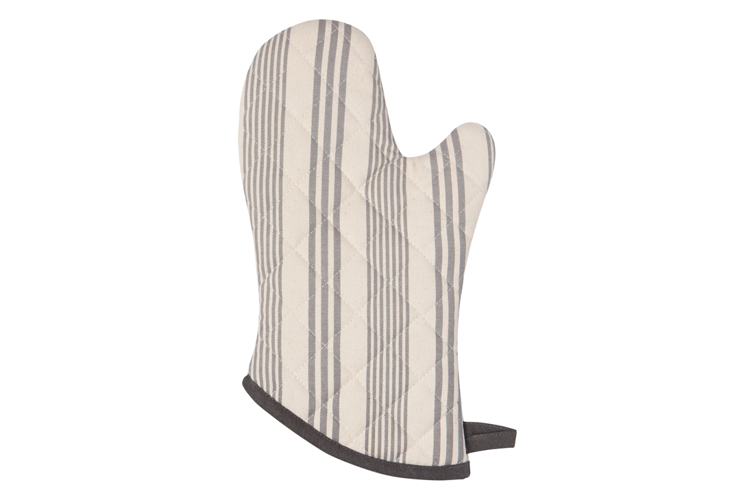 A Now Designs Pencil Stripe Grey Oven Mitt over a white background.