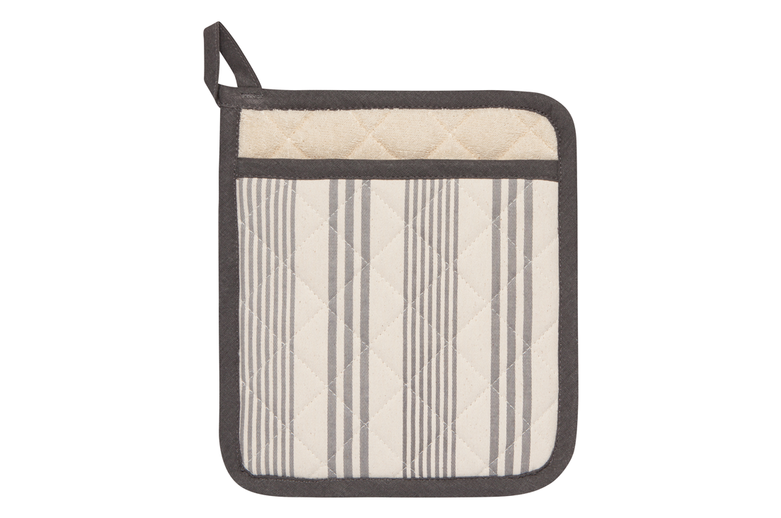 A Now Designs Pencil Stripe Grey Potholder over a white background.