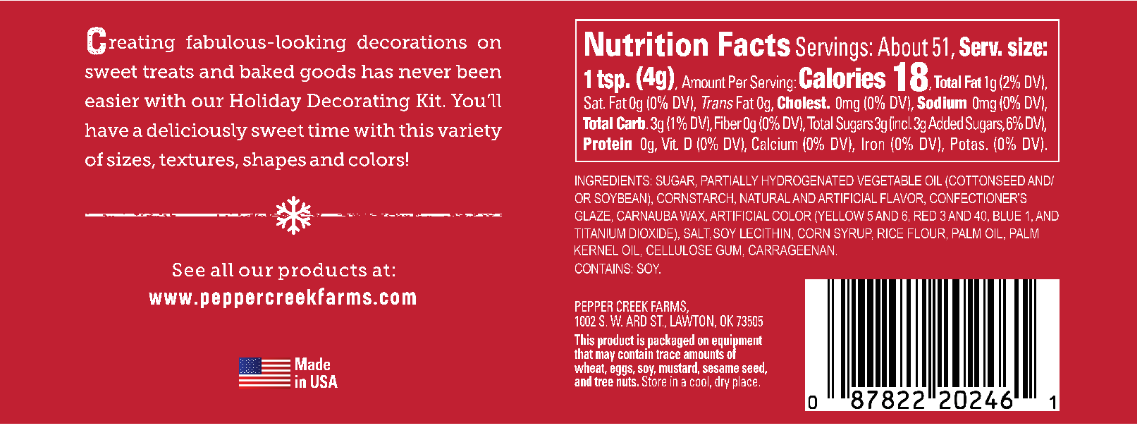 The nutrition label for a Pepper Creek Farms Holiday Decorating Kit.