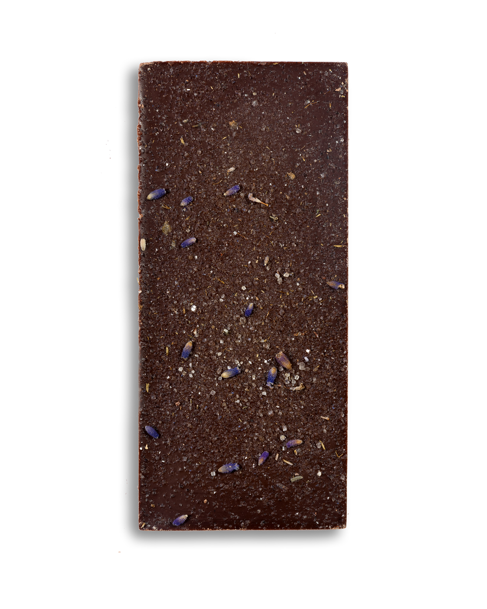 A close up shot of a Ragged Coast Chocolate Bark Lavender Blossom bar on a white background.