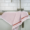 A red Samuel Lamont Poli-Dry Towel hangs over a sink.
