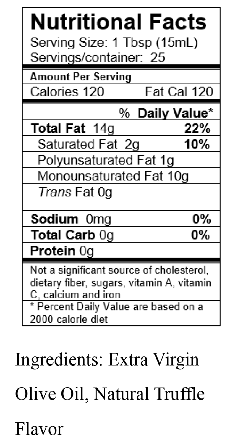 Nutritional information for White Truffle Olive Oil.