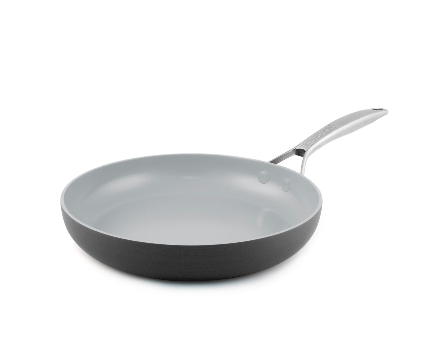 A GreenPan Paris Pro Ceramic Fry Pan sits over a white background.